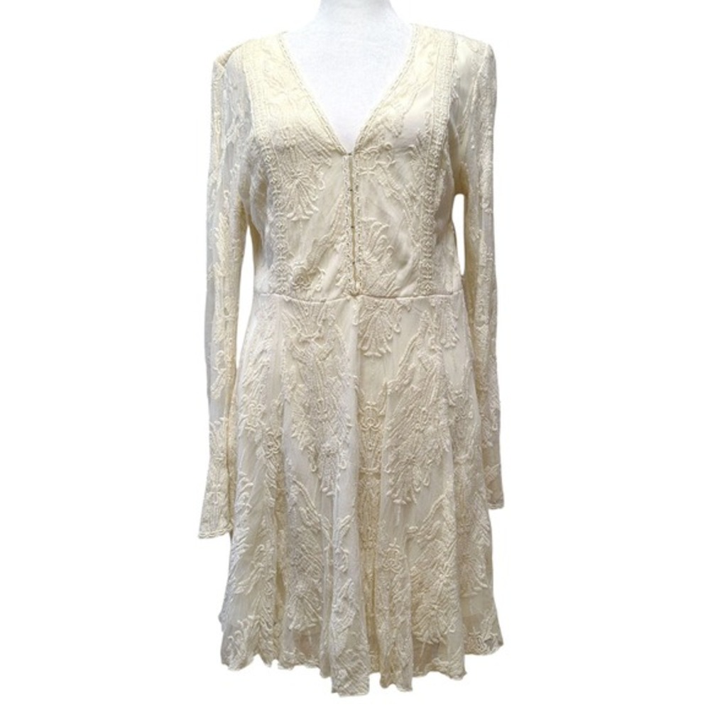 DejaVu Women's Dress Medium‎ Ivory Cream Lace Long Sleeve V Neck Boho Romantic